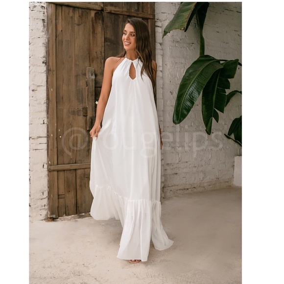 White Flowy Halter Cutout Maxi Flared Dress Backless Open Back - Picture 2 of 12